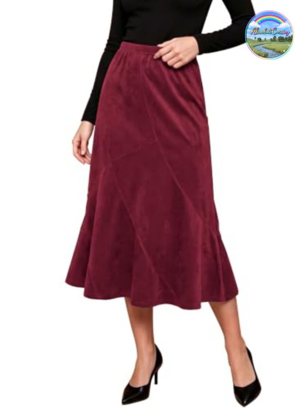 Faux Suede High Waisted A-Line Midi Skirt with Ruffled Hem